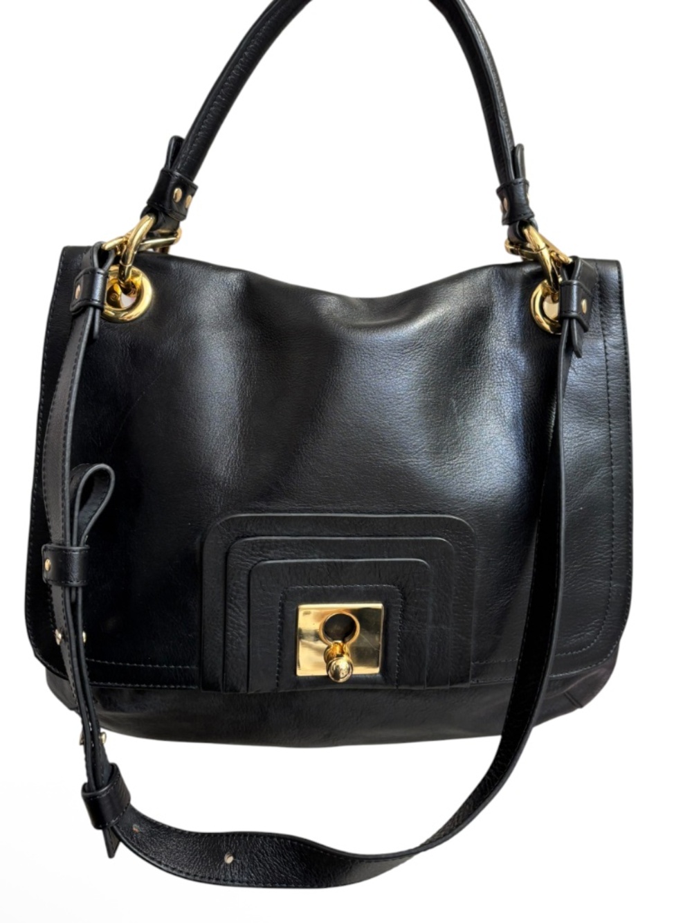 Orla kiely black leather top handle two way bag